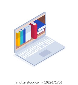 Online library isometric concept. Books on computer screen. Reading electronic books online on computer. Education concept. Vector illustration.