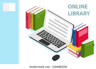 Online Library Isometric Concept. Online Library Isometric Design With Books. Technology And Literature, Digital Culture On Media Library. Vector Illustration.