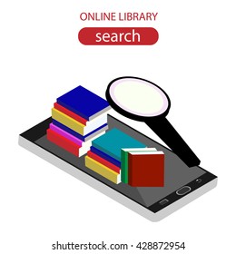 Online library isometric concept with mobile device and books. Flat design. Online library isometric. Vector illustration