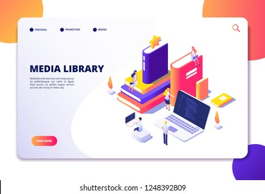 Online library isometric concept. People in bibliotheque, books laptops. Reading technology electronic library vector landing page