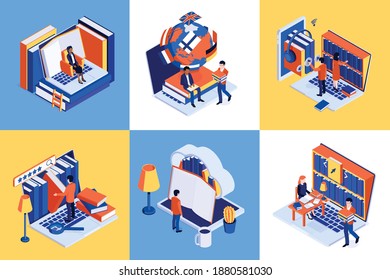 Online library isometric concept with reading on laptop keyboard cloud bookshelf storage worldwide access set vector illustration