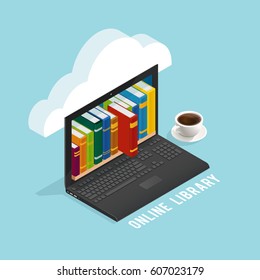 Online Library Isometric Design With Books On Laptop Screen Coffee Cup Cloud On Blue Background Vector Illustration