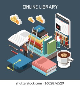 Online library isometric design concept with stack of tutorials covered with magistracy hat under cloud icons isometric vector illustration