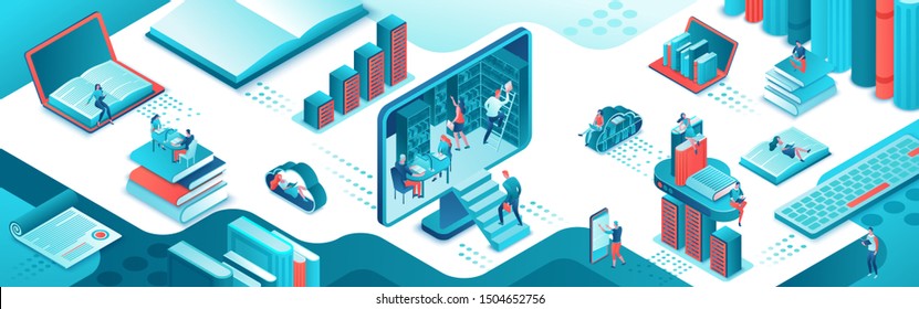 Online library isometric horizontal banner, people read books on laptop, smartphone, gadgets, cloud computing technolodgy, website template design