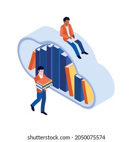 Online library isometric icon with books in cloud and reading people 3d vector illustration