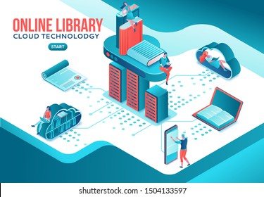 Online library isometric landing page, people read books on laptop, smartphone, gadgets, cloud computing technolodgy, website template design
