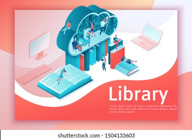Online library isometric landing page, people read books on laptop, smartphone, gadgets, cloud computing technolodgy, website template design