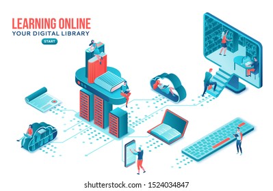 Online library isometric landing page, people read books on laptop, smartphone, gadgets, cloud computing technolodgy, website template design