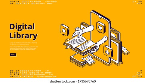 Online library isometric landing page. internet service, app for reading. Human hands holding book on computer desktop, digital technologies in education and studying, 3d vector line art web banner