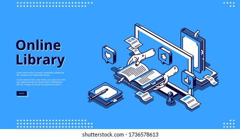 Online library isometric landing page. internet service, app for reading. Human hands holding book on computer desktop, digital technologies in education and studying, 3d vector line art web banner