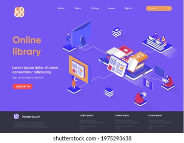 Online library isometric landing page. E-library application, electronic books service isometry concept. Distance education and knowledge flat web page. Vector illustration with people characters.