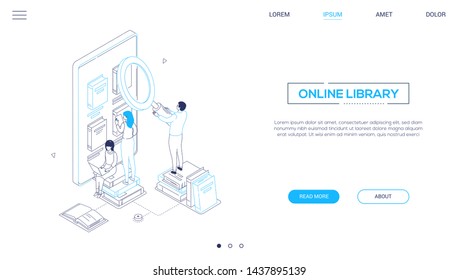 Online library - isometric line design style web banner with copy space for text. High quality header with cute characters, people taking books from bookshelf on smartphone screen. Reading concept