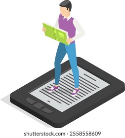 Online library isometric vector concept with student standing on ebook reader holding open book, enjoying reading electronic version of textbook, learning using innovative technologies