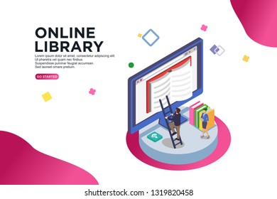 Online library isometric vector illustration concept.  can use for, template, ui, landing page,  hero header, mobile app, banner, poster, flyer - Vector