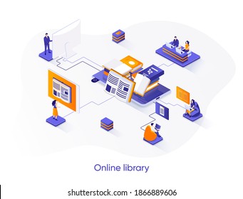 Online library isometric web banner. E-library application isometry concept. Electronic books service 3d scene, distance education and knowledge flat design. Vector illustration with people characters