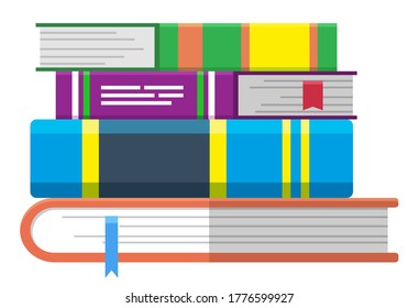Online library, knowledge and books pile with bookmarks vector. Literature or textbooks and encyclopedias stack, reading. Internet portal, novels and scientific information, web education illustration