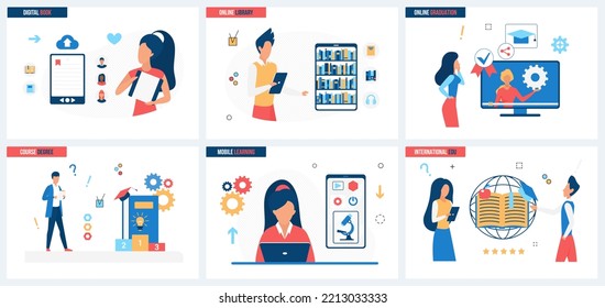 Online library, knowledge and education set vector illustration. Cartoon students training with ebook and tutorials, mobile app for study concept for banner, website design or landing web page