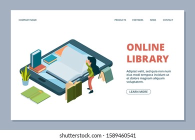 Online library landing page. Isometric books and reading girl vector illustration. Library in smartphone