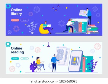 Online library landing page with people characters. E-library mobile application, online education and knowledges web banners set. Book reading vector illustration great for social media cover.