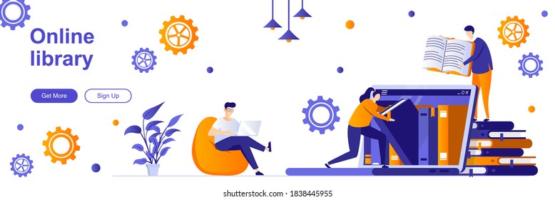 Online library landing page with people characters. Electronic books reading service web banner. Literature and knowledges vector illustration. Flat concept great for social media promotional material