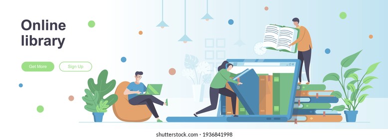 Online library landing page with people characters. Electronic books reading service web banner. Literature and knowledges vector illustration. Flat concept great for social media promotional material