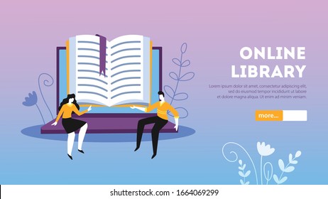 Online library landing page with small male and female characters sitting on laptop keyboard and holding big open book vector illustration