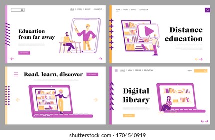 Vorlagensatz für die Online-Bibliothek-Landing-Page. Menschen lesen E-Bücher und studieren in der Schule mit E-Bibliothek. Winzige Zeichen auf riesigem Laptop-Bildschirm, Media Books Internet Archiv. Illustration der linearen Vektorillustration