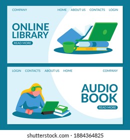 Online library landing page template. Girl in headphones listening audio books using laptop computer. Education online, internet library, audio book website flat vector illustration