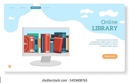 Online Library. Landing Page For Website Books Store Learning Digital Study Read Ebook Catalog Education Files Knowledge Vector Concept