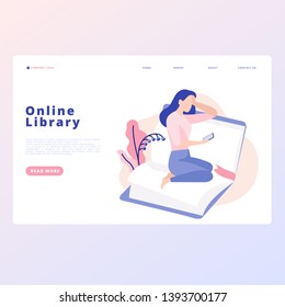 Online library landing page with woman reading ebook. Digital book library. Concept of web page, flat design, vector illustration.