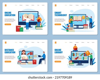 Online library landing. Training courses and distance education students reading books and learning swanky vector web page templates with place for text