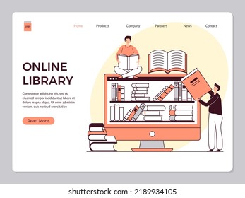 Online library landing. Web page template of distance education reading library on smartphone recent vector concept with place for text