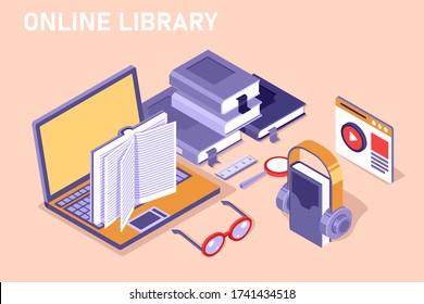 Online library. Learning process, reading books, learning. Listening to audio books and materials. Detailed isometric illustration.