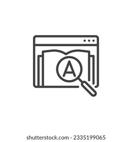 Icono de línea de biblioteca en línea. Página web con signo de estilo lineal de libro y magnificador para concepto móvil y diseño web. Icono de vector de esquema de lectura de libros en línea. Símbolo, ilustración del logotipo. Gráficos vectoriales