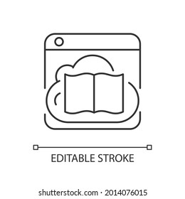 Online library linear icon. Digital database with books, docs. Information resources collection. Thin line customizable illustration. Contour symbol. Vector isolated outline drawing. Editable stroke