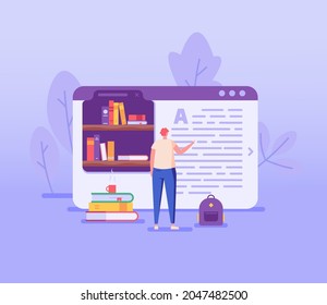 Online Library. Man Reading Book with Digital Library Service. Student Studying with Archive of Book. Concept of Electronic Library, Online Book Store, Ebook. Vector illustration for Web Design