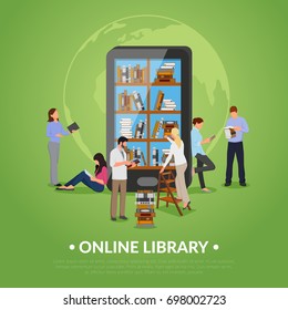 Online library with man woman smartphone and books flat vector illustration