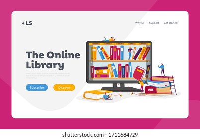 Online Library and Media Books Archive Landing Page Template. Tiny People Characters at Huge Computer Screen with Bookshelves Reading E-books and Study, Digital E-library. Cartoon Vector Illustration