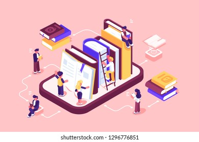 Online library media and books vector illustration. Cartoon people searching and reading e-book. Boys and girls using ebook for study on e-library at school flat style concept. Isolated on pink