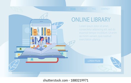 Online Library Media Resource Landing Page Design. Young Woman Enjoy Reading Ebook, Searching for Necessary Information in Digital Book. Bookstore Literature in Mobile Phone. Vector Illustration