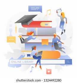 Online library metaphor with tiny people charactrs around a pile of books on the search bar. Online learning, web school, study process.