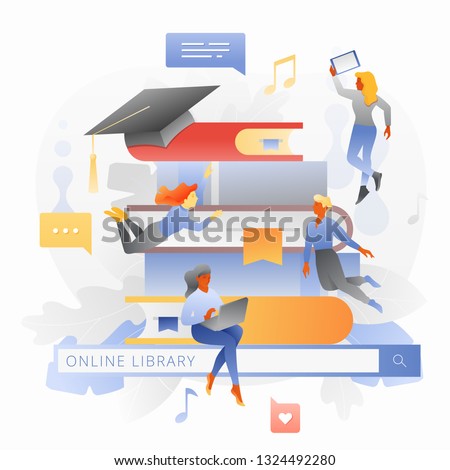 Online library metaphor with tiny people charactrs around a pile of books on the search bar. Online learning, web school, study process.
