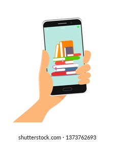 Online library . Mobile app. Phone in hand, vector illustration in flat style