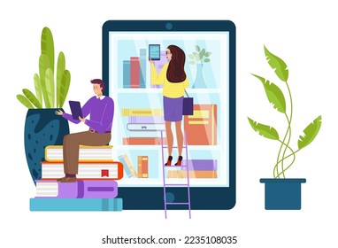 Online library mobile phone application, people together love and read book in smartphone app flat vector illustration, isolated on white.