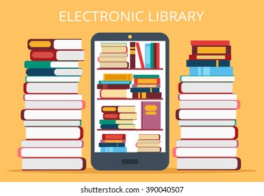 Online library in mobile phone. Vector flat illustration