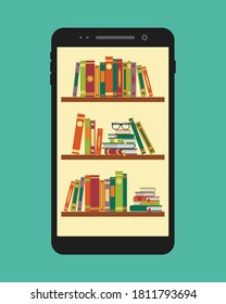 Online library in mobile. Vector ebooks stand on bookshelf in application of phone. Electronic reading concept. Elearning design on screen cellphone. Flat illustration