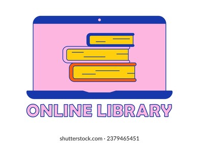 Online library. Monitor with Stack of Books and text. Learning, reading, studying. Internet e-books. Bright colors - pink, blue and orange. Retro style. Flat design with stroke. Vector illustration.