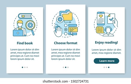 Online library onboarding mobile app page screen with linear concepts. E-library service options 3 walkthrough steps graphic instructions. UX, UI, GUI vector template with illustrations