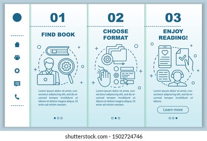 Online library onboarding mobile web pages vector template. Read ebooks. Responsive smartphone website interface idea with linear illustrations. Webpage walkthrough step screens. Color concept