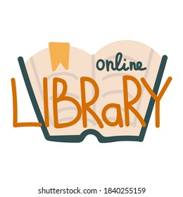 Online library. Open book with lettering. Electronic knowledge, reading and downloading book online. E-learning for students, vector isolated education cartoon doodle concept